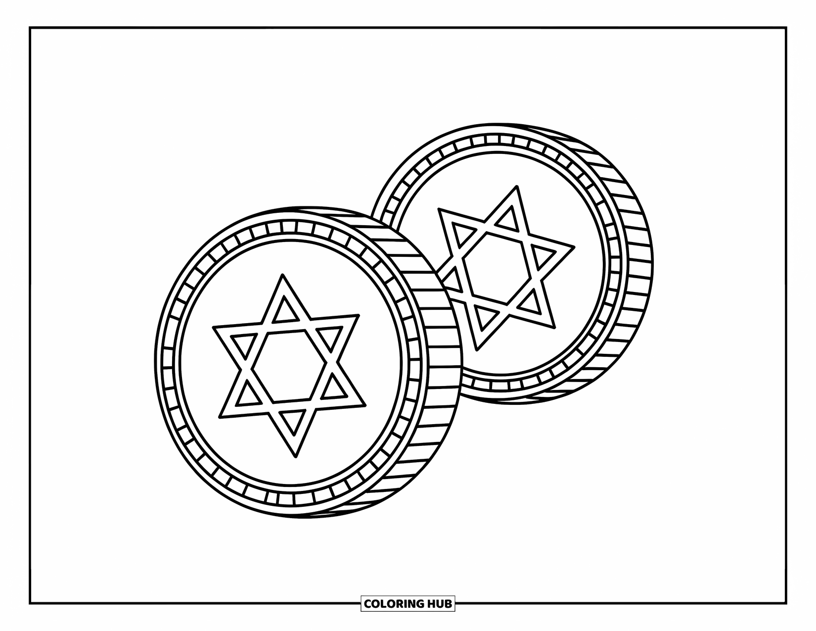 Hanukkah Coloring Page for Kids: Two chocolate coins with stars and words shine brightly