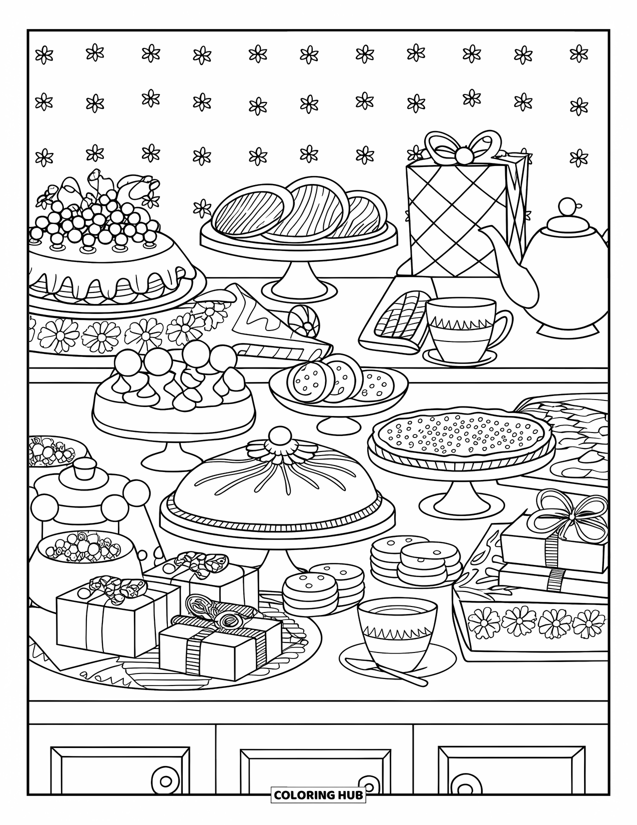 Happy Birthday Grandma Coloring Page for Adults: Counter filled with baked treats, pastries, and birthday gifts