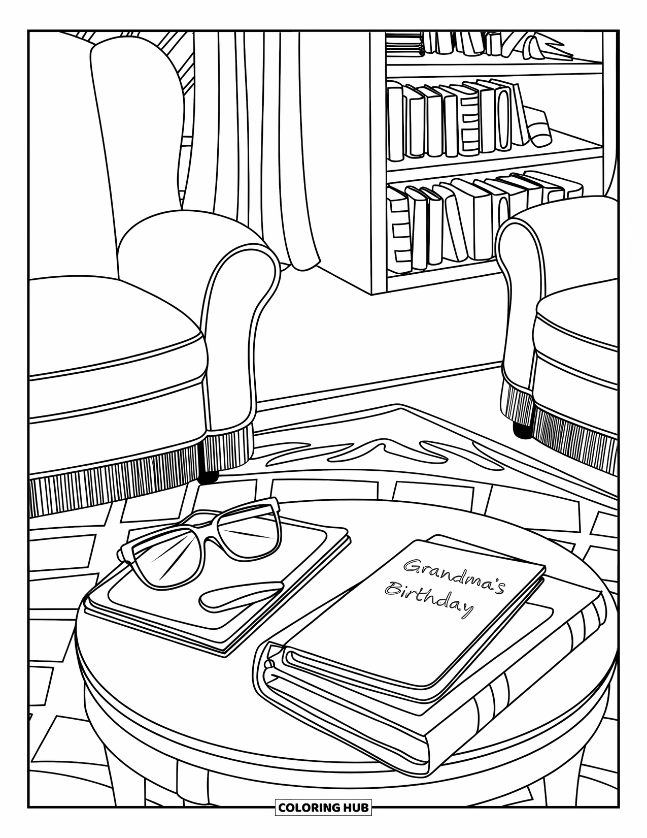 Happy Birthday Grandma Coloring Page for Adults: Cozy living room with Grandma's glasses, books, and birthday cards