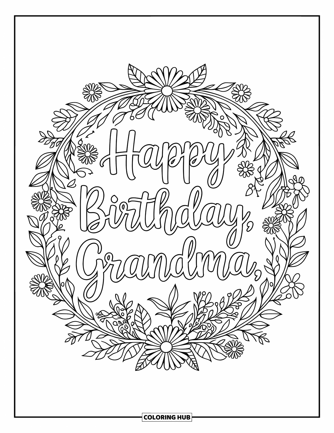 Happy Birthday Grandma Coloring Page for Adults: Detailed floral wreath encircling the words "Happy Birthday, Grandma"