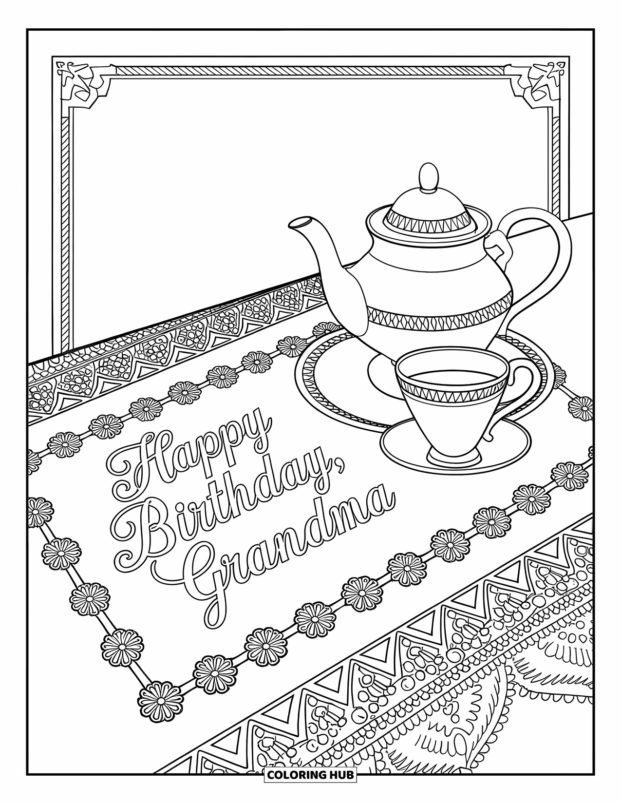 Happy Birthday Grandma Coloring Page for Adults: Elegant teapot and cup set with "Happy Birthday, Grandma" on lace cloth