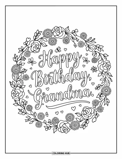 Fargeleggingsark med «Gratulerer med dagen, bestemor» for voksne: Blomsterkrans med "Happy Birthday, Grandma" i elegant skrift