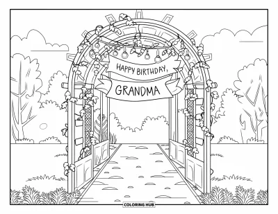 Fargeleggingsark med «Gratulerer med dagen, bestemor» for voksne: Hageportal med slyngplanter, lys og et "Happy Birthday, Grandma"-banner