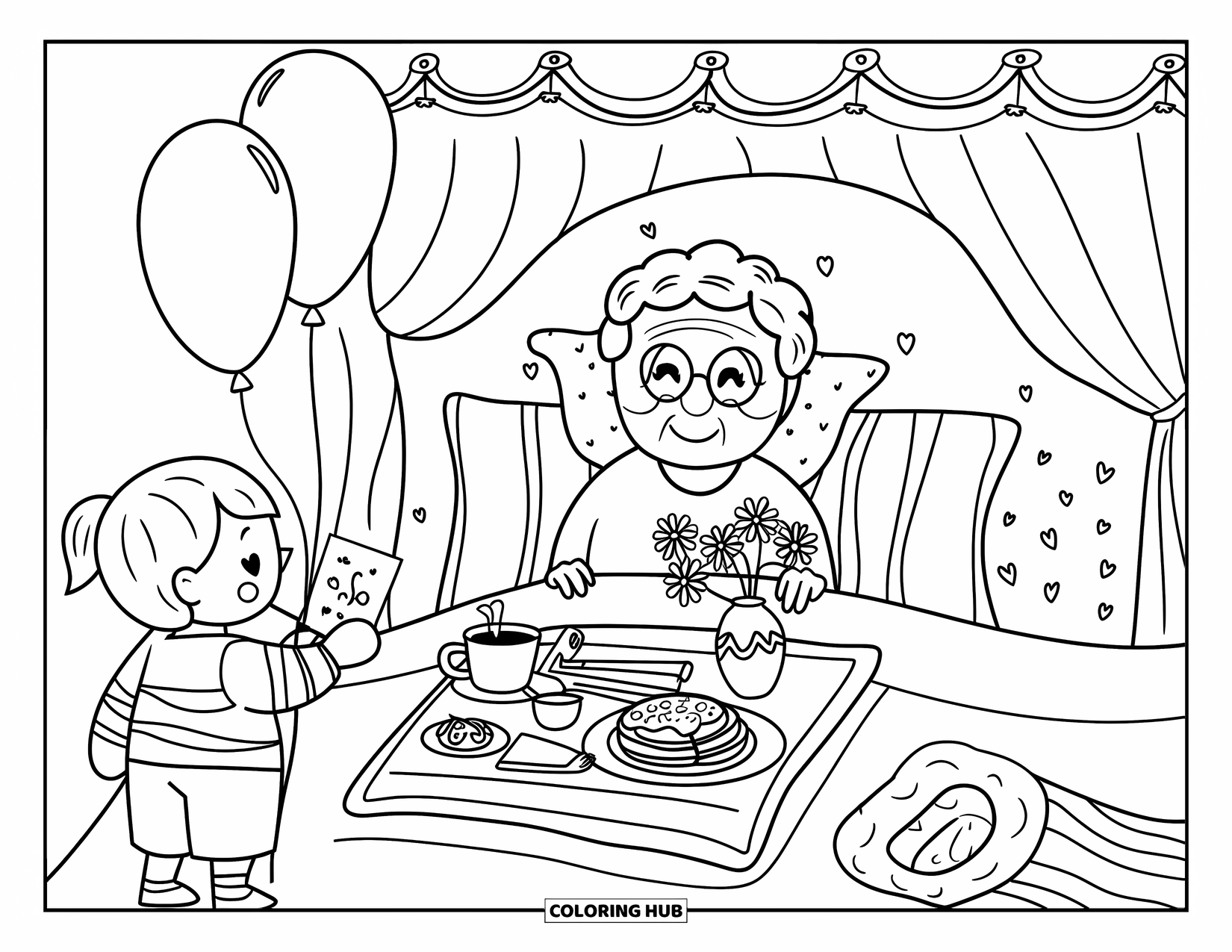 Happy Birthday Grandma Coloring Page for Adults: Grandma enjoying breakfast in bed with a card and floating balloons