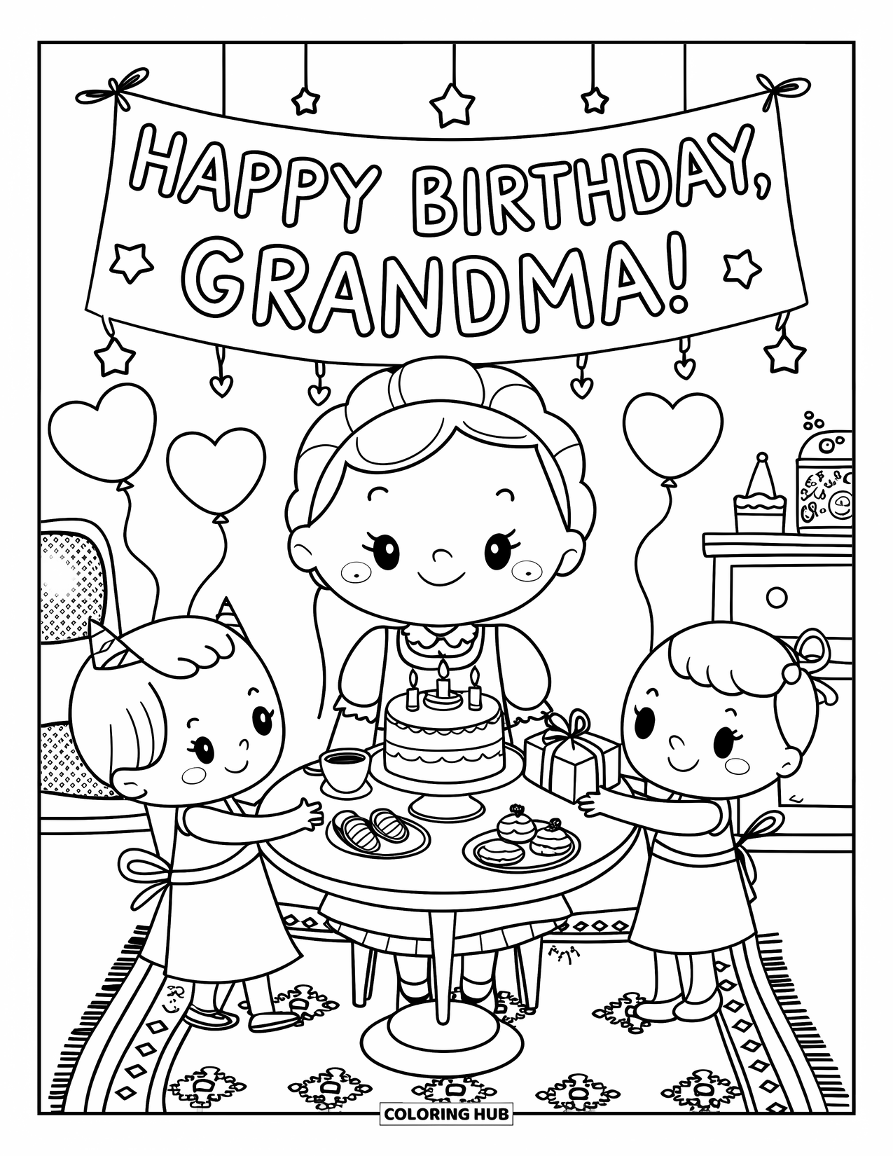 Happy Birthday Grandma Coloring Page for Adults: Grandma enjoying cake and tea as grandkids give her a birthday gift