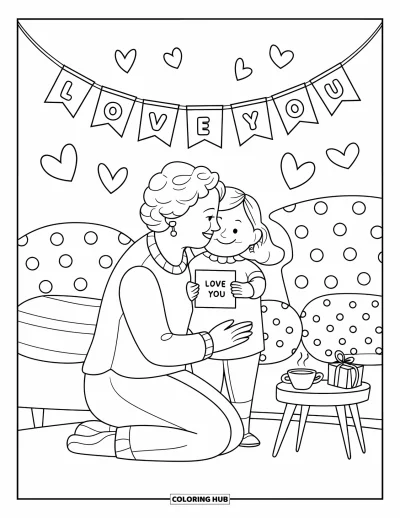 Fargeleggingsark med «Gratulerer med dagen, bestemor» for voksne: Bestemor bøyer seg ned for en klem fra barnebarnet som holder et "Love You"-kort