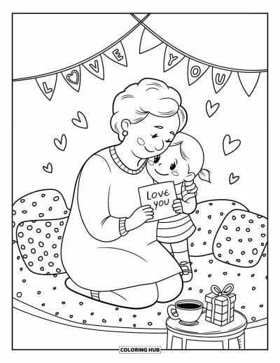 Fargeleggingsark med «Gratulerer med dagen, bestemor» for voksne: Bestemor mottar en varm klem og et kort med "Love You"