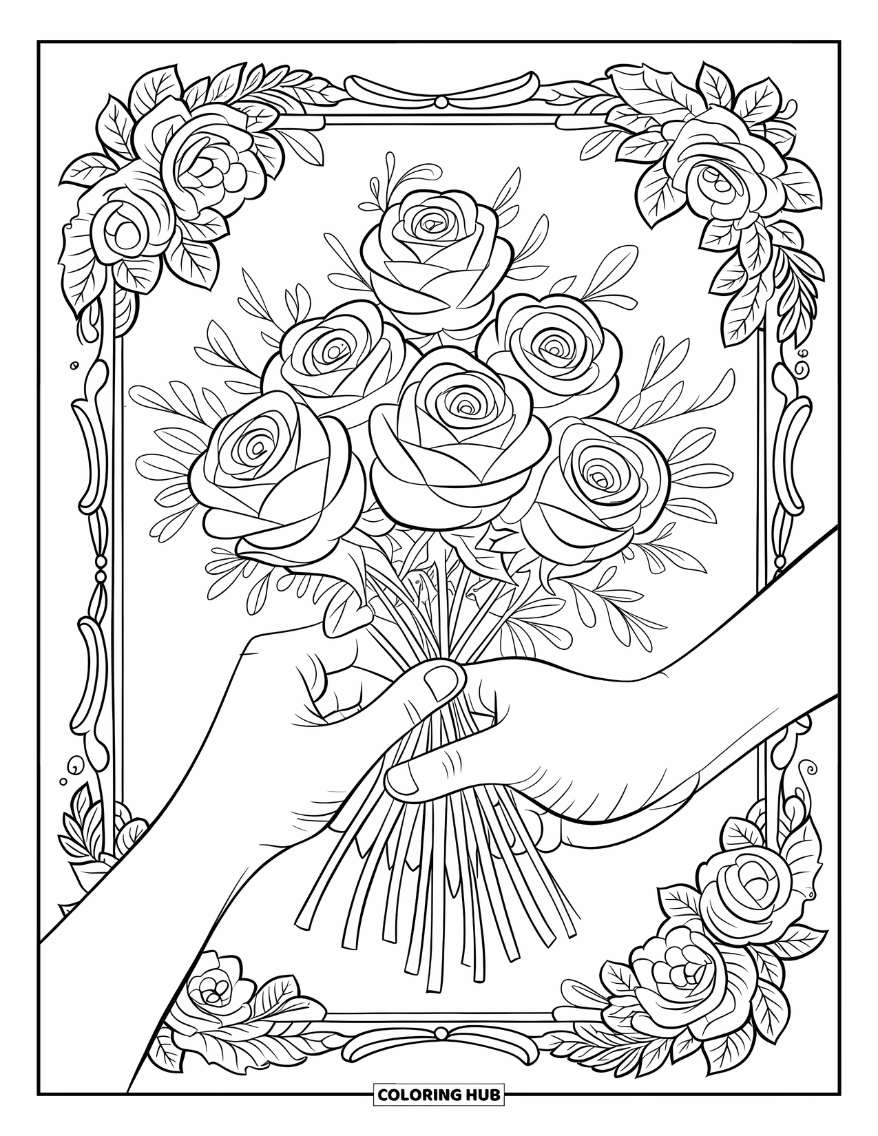 Happy Birthday Grandma Coloring Page for Adults: Grandma's hands holding a bouquet of roses tied with a birthday ribbon