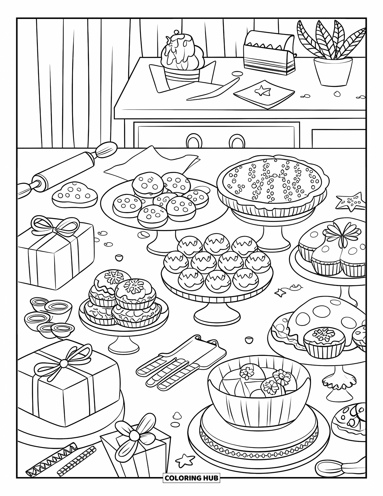 Happy Birthday Grandma Coloring Page for Adults: Kitchen scene with cookies, pies, and presents for Grandma