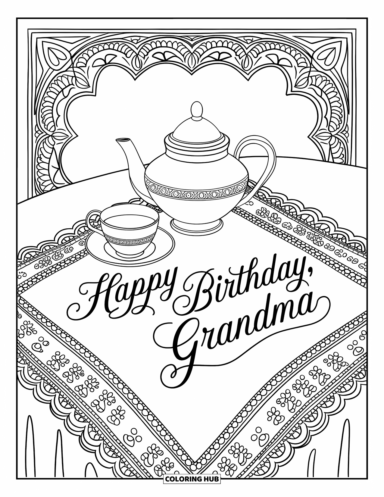Happy Birthday Grandma Coloring Page for Adults: Teapot and cup on a lace tablecloth with a birthday message for Grandma