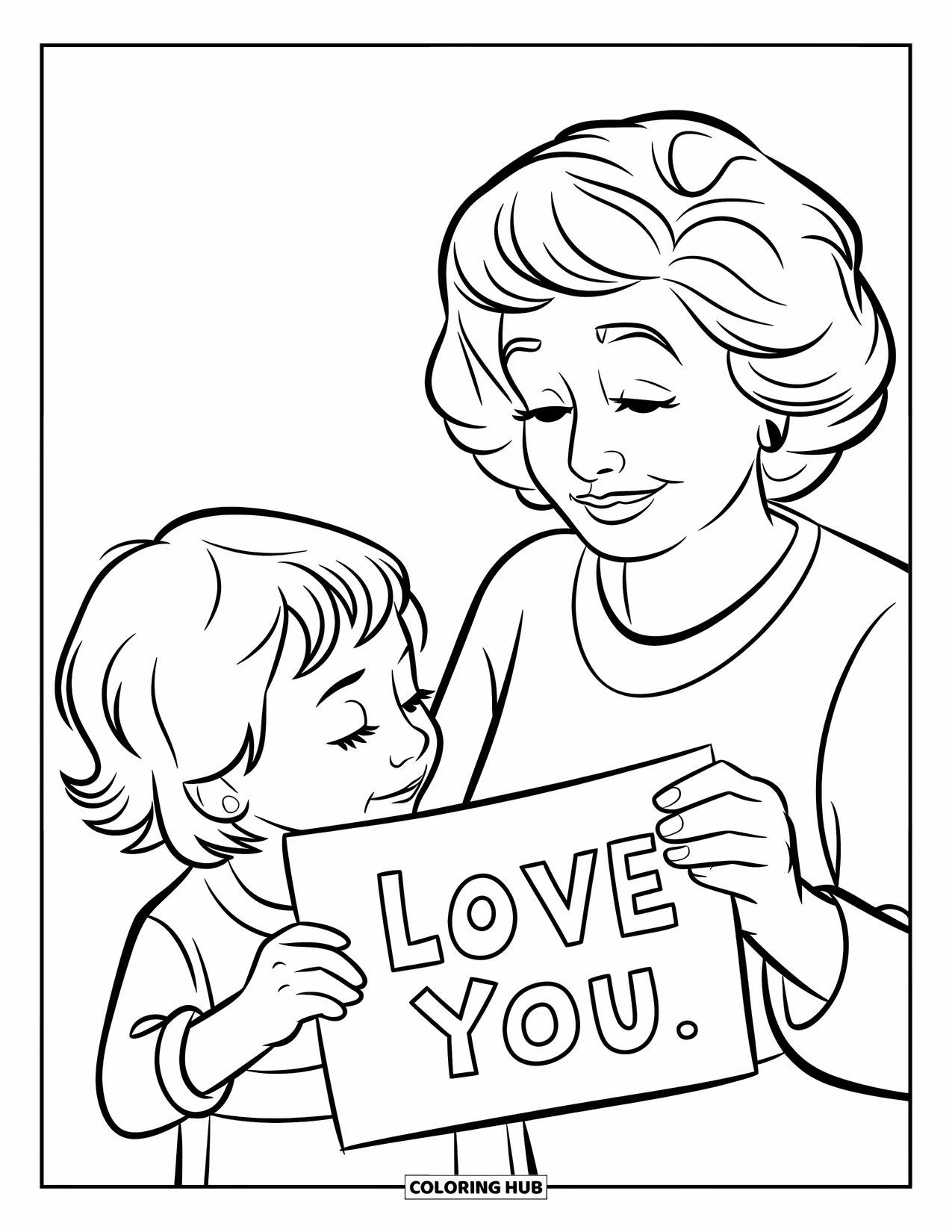 Happy Birthday Grandma Coloring Page for Kids: Child giving Grandma a handmade drawing that says "Love You"