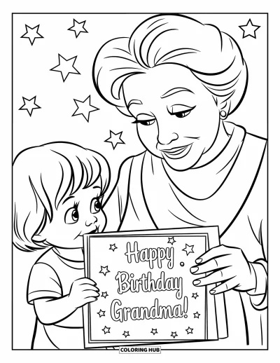 Fargeleggingsark med «Gratulerer med dagen, bestemor» for barn: Et barn gir bestemor et "Happy Birthday"-kort med stjerner