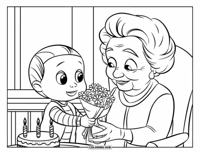 Fargeleggingsark med «Gratulerer med dagen, bestemor» for barn: Et barn gir bestemor blomster ved siden av en kake og et bord