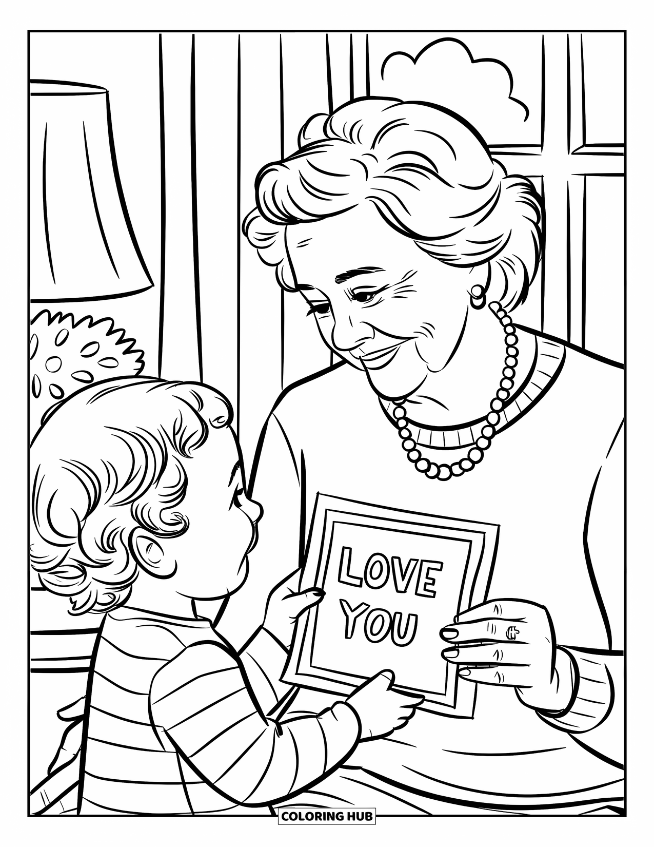 Happy Birthday Grandma Coloring Page for Kids: Child sharing a heartfelt ìLove Youî drawing with Grandma