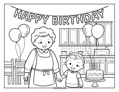 Fargeleggingsark med «Gratulerer med dagen, bestemor» for barn: Bestemor og barnebarn feirer under et "Happy Birthday"-banner