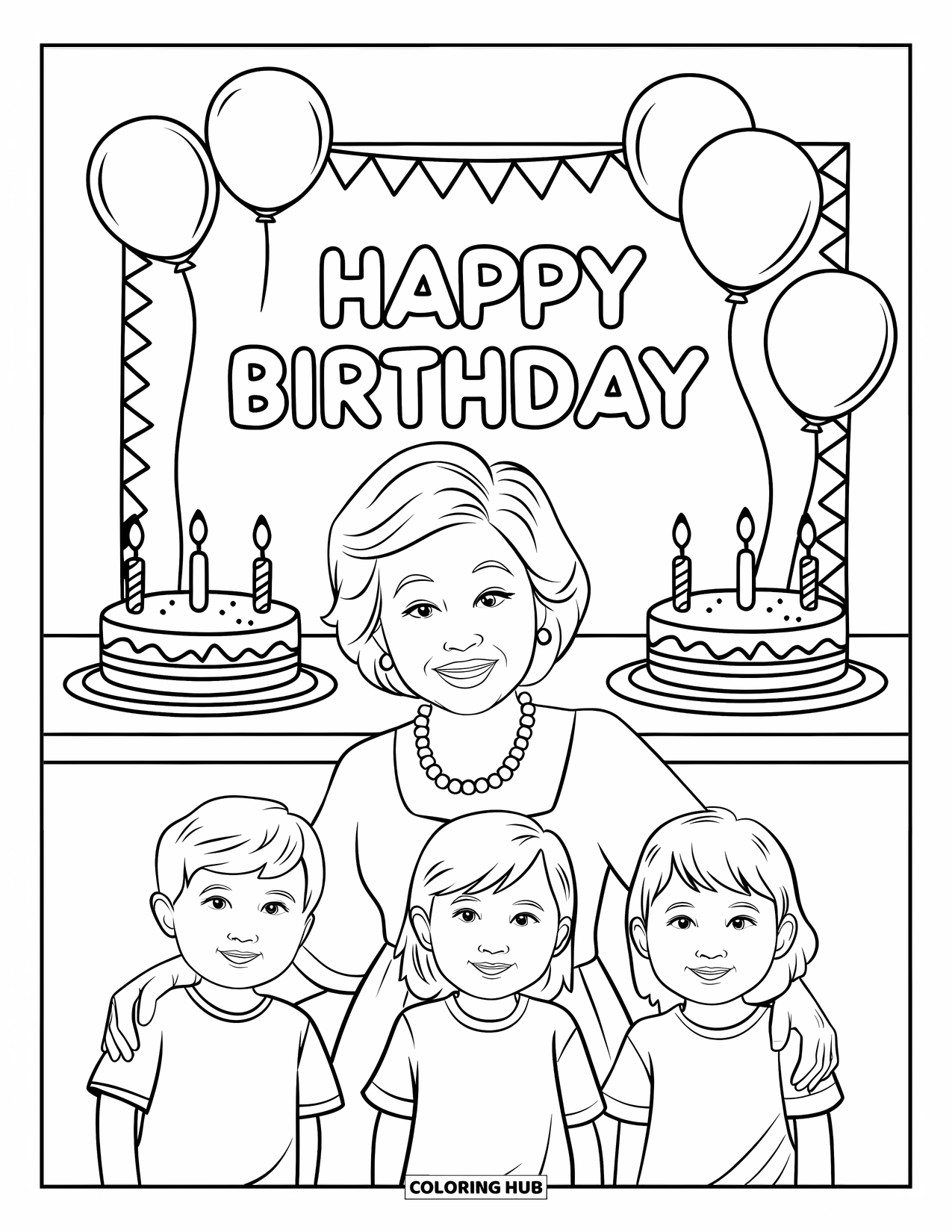 Happy Birthday Grandma Coloring Page for Kids: Grandma and kids taking a fun birthday photo together