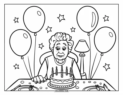 Fargeleggingsark med «Gratulerer med dagen, bestemor» for barn: Bestemor feirer med ballonger og bursdagskake på bordet