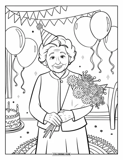 Fargeleggingsark med «Gratulerer med dagen, bestemor» for barn: Bestemor feirer med blomster, ballonger og festpynt
