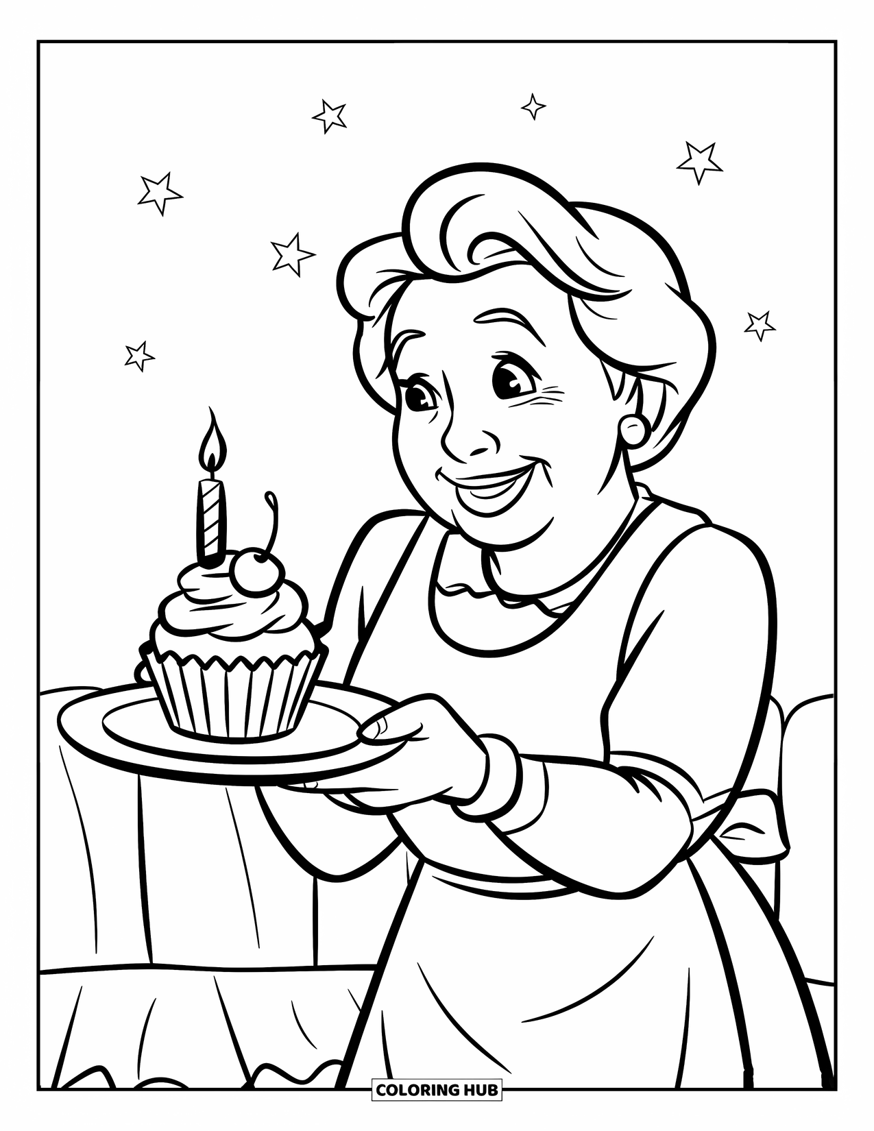 Happy Birthday Grandma Coloring Page for Kids: Grandma holding a cupcake with a candle and stars around her