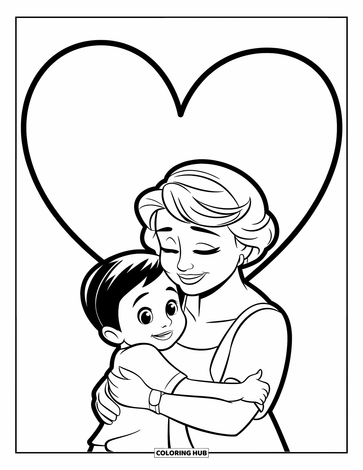 Happy Birthday Grandma Coloring Page for Kids: Grandma hugging her grandchild with a heart above them