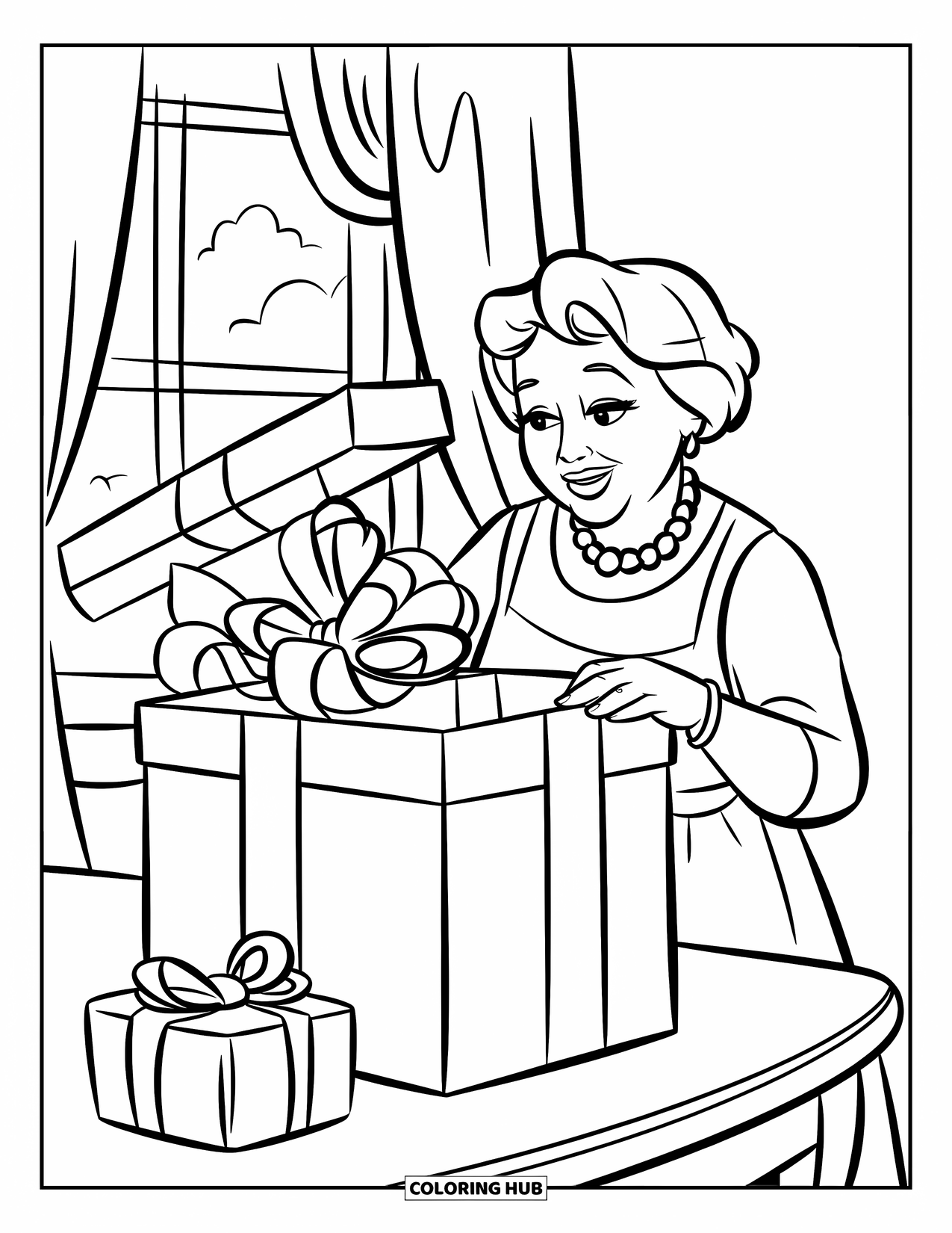 Happy Birthday Grandma Coloring Page for Kids: Grandma opening a big gift beside a window with a curtain