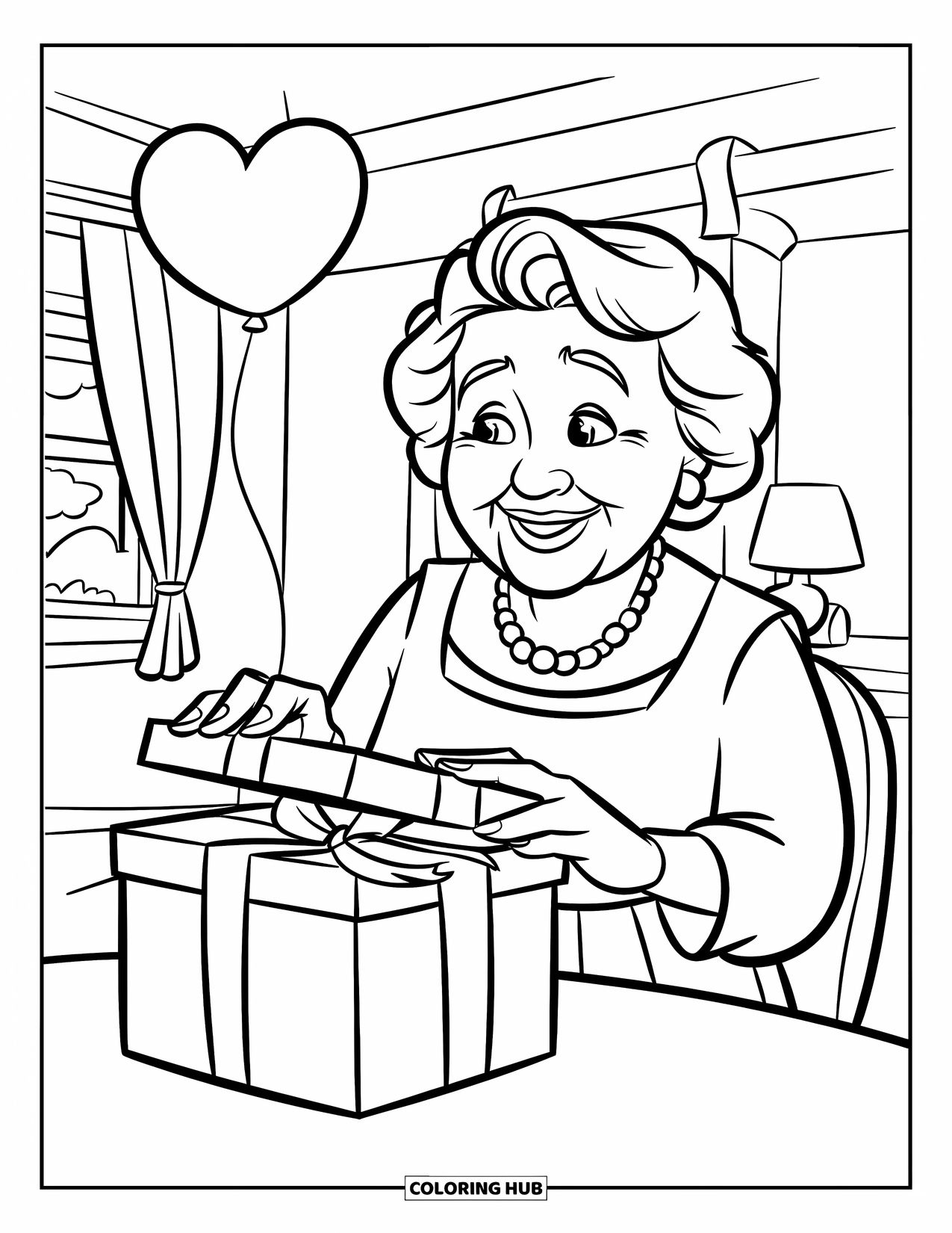 Happy Birthday Grandma Coloring Page for Kids: Grandma opening a gift with a heart balloon floating above