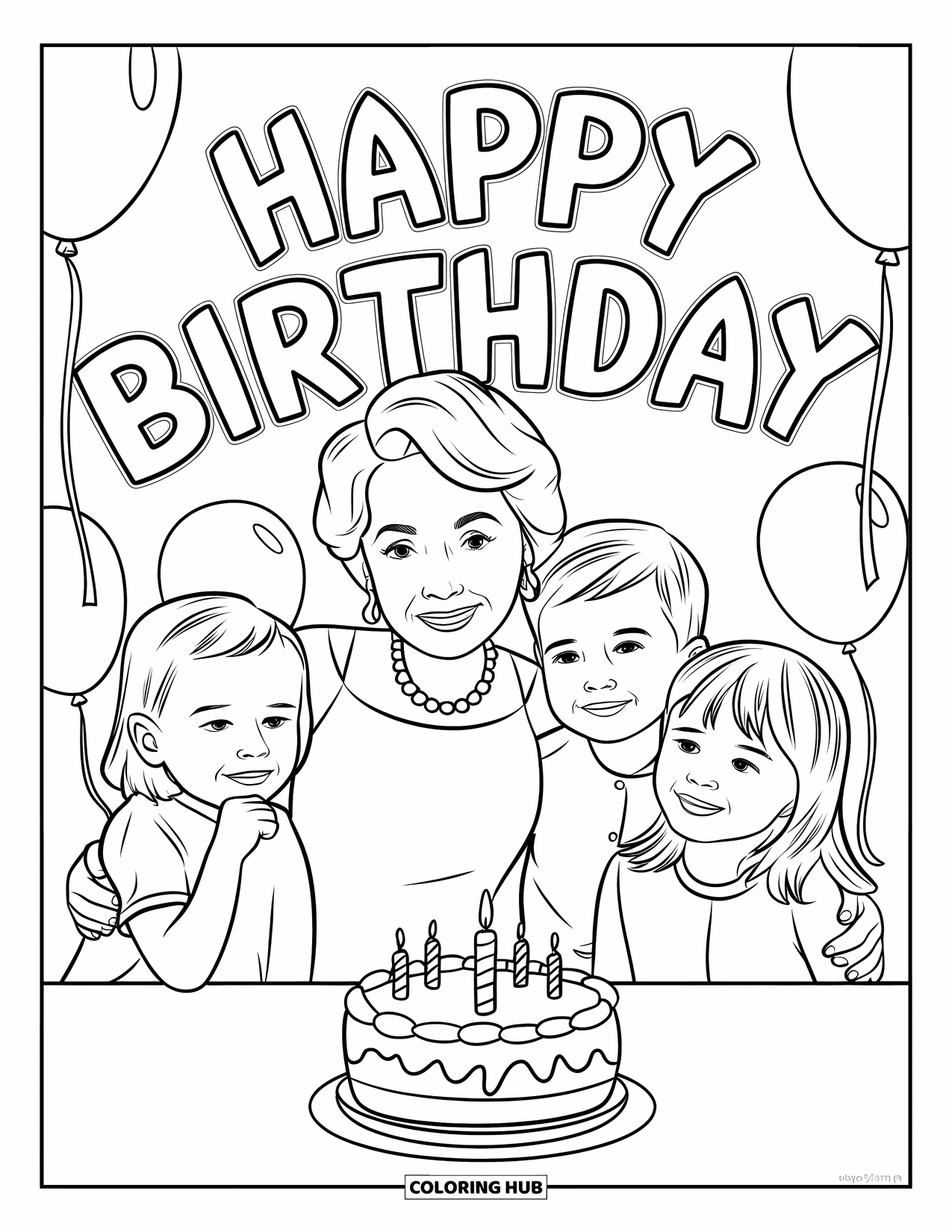 Happy Birthday Grandma Coloring Page for Kids: Grandma posing with kids for a happy birthday photo
