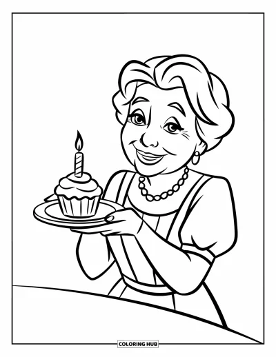 Fargeleggingsark med «Gratulerer med dagen, bestemor» for barn: Bestemor presenter en cupcake med ett lys på en tallerken