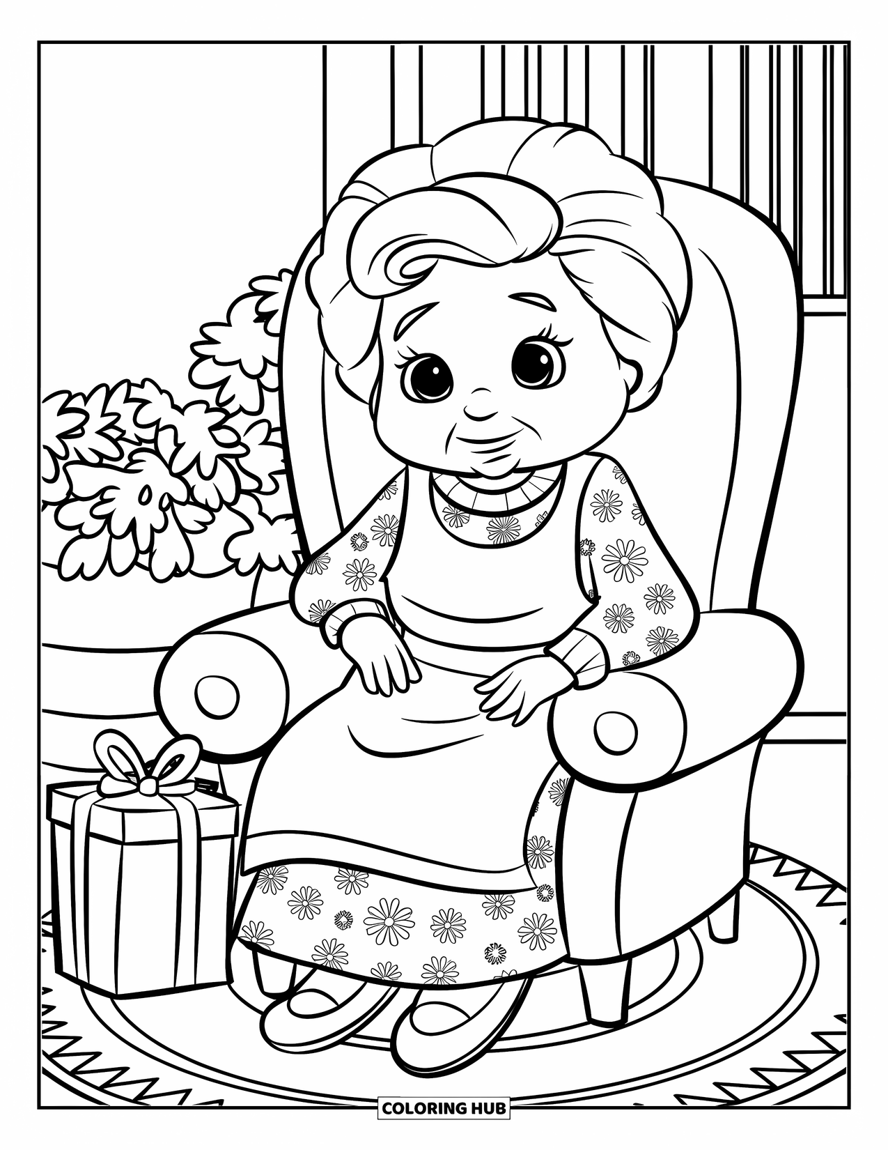 Happy Birthday Grandma Coloring Page for Kids: Grandma sitting in a chair with a gift beside her