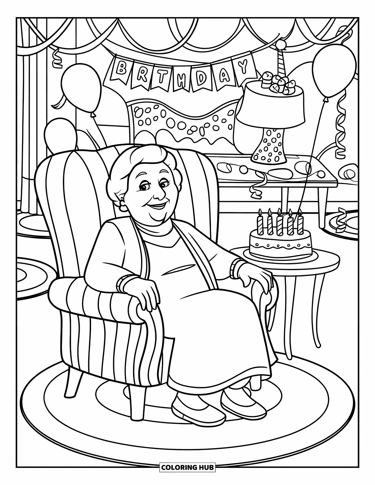 Happy Birthday Grandma Coloring Page for Kids: Grandma sitting in a festive room decorated with balloons and streamers