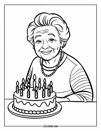 Fargeleggingsark med «Gratulerer med dagen, bestemor» for barn: Bestemor smiler ved siden av en kake med ett lys