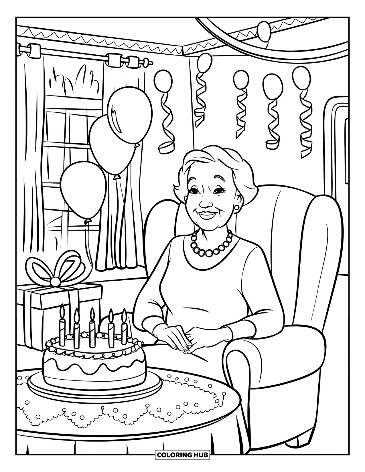 Happy Birthday Grandma Coloring Page for Kids: Grandma smiling beside a table with cake, gifts, and colorful decorations