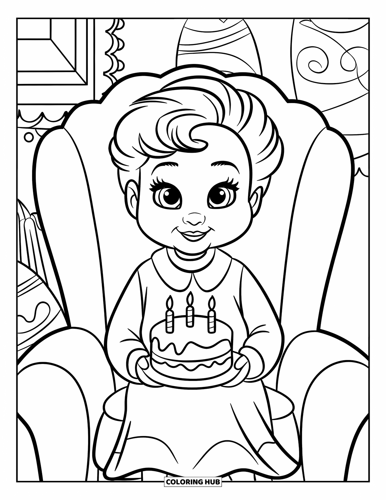 Happy Birthday Grandma Coloring Page for Kids: Grandma smiling in her chair with a cake in her hands
