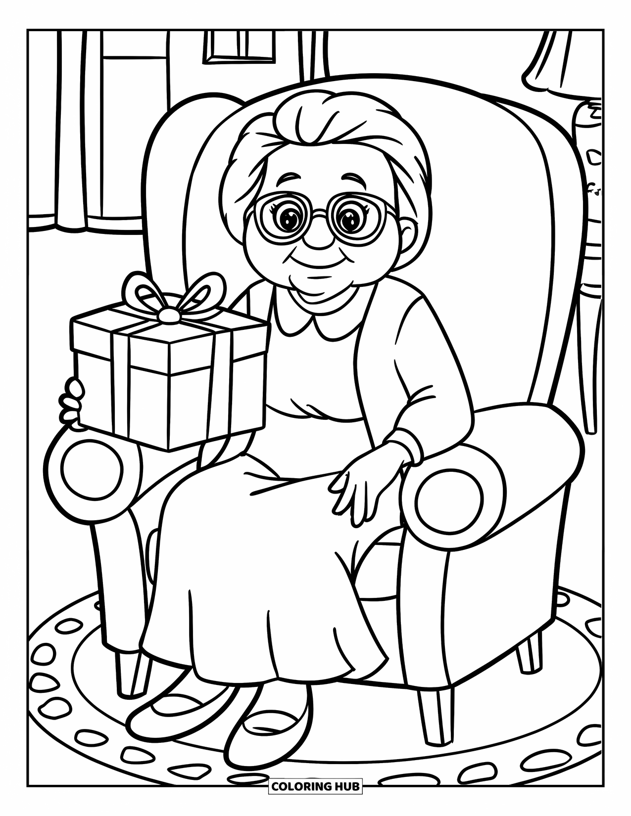 Happy Birthday Grandma Coloring Page for Kids: Grandma smiling in her chair with a gift and cozy room decor