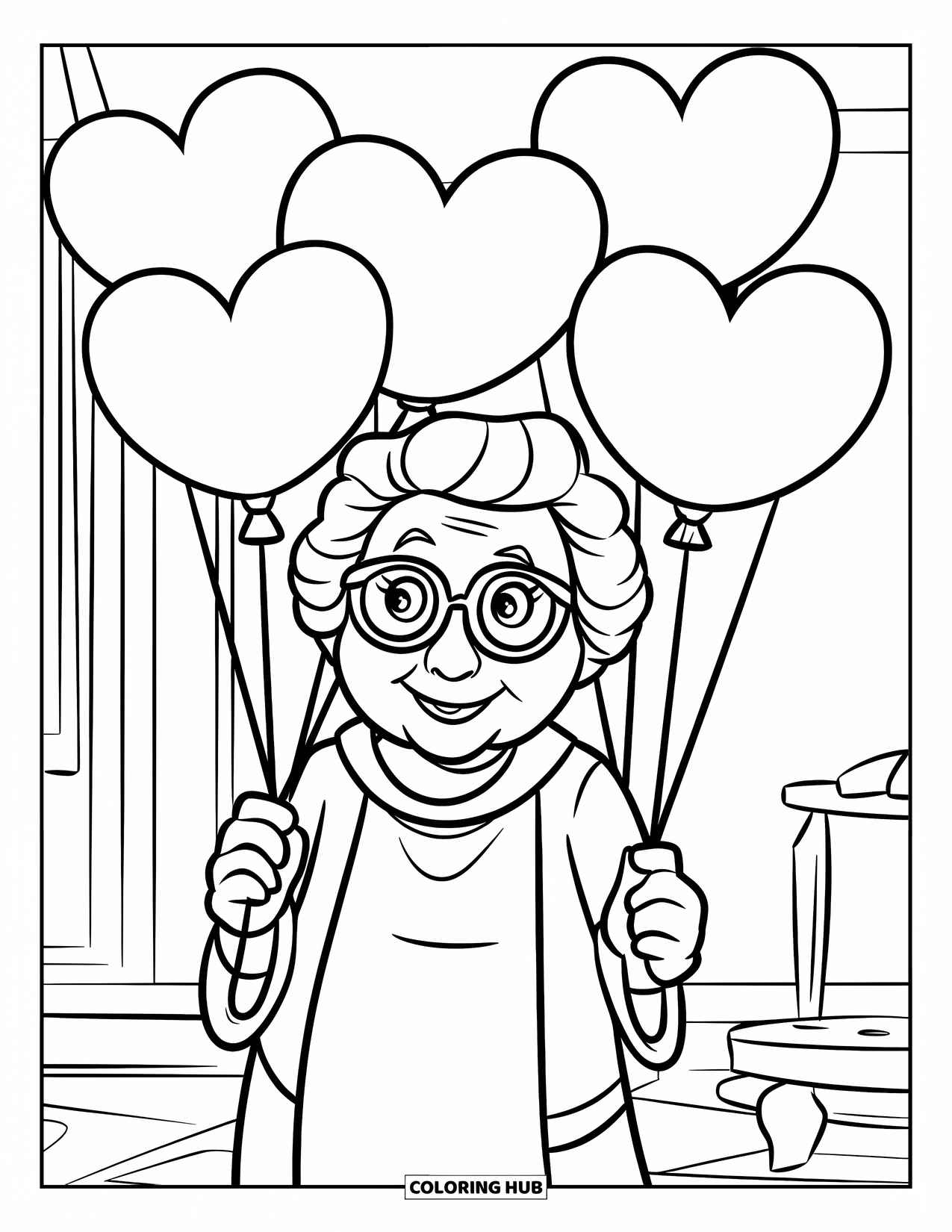 Happy Birthday Grandma Coloring Page for Kids: Grandma smiling indoors while holding heart-shaped balloons