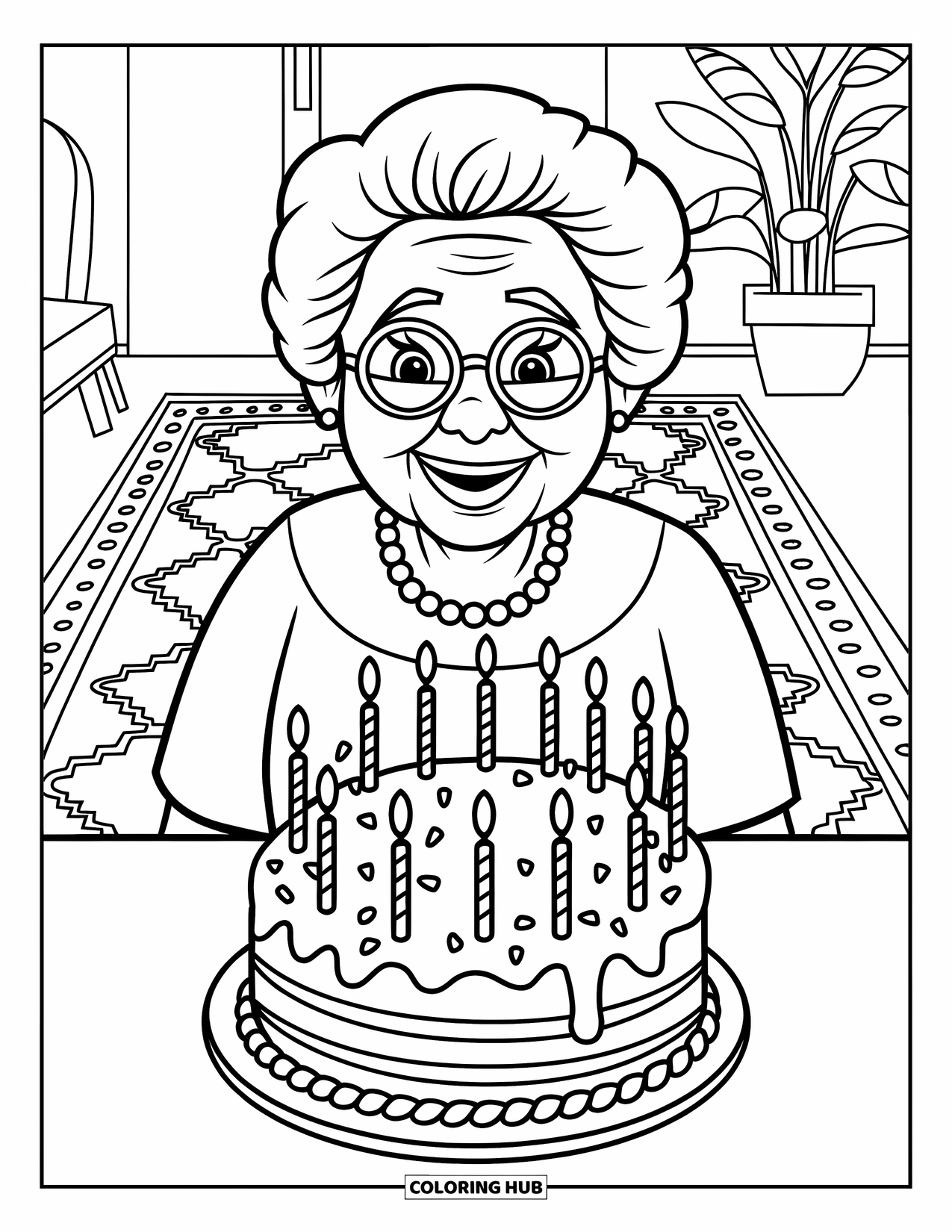 Happy Birthday Grandma Coloring Page for Kids: Grandma smiling next to a big cake with candles and decorations