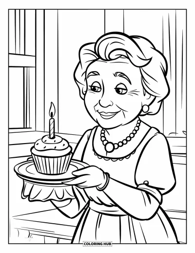 Fargeleggingsark med «Gratulerer med dagen, bestemor» for barn: Bestemor smiler mens hun holder en cupcake med ett lys