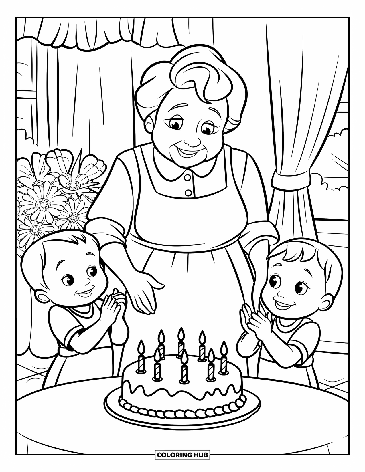 Happy Birthday Grandma Coloring Page for Kids: Grandma standing beside her grandkids and a cake in a cozy room