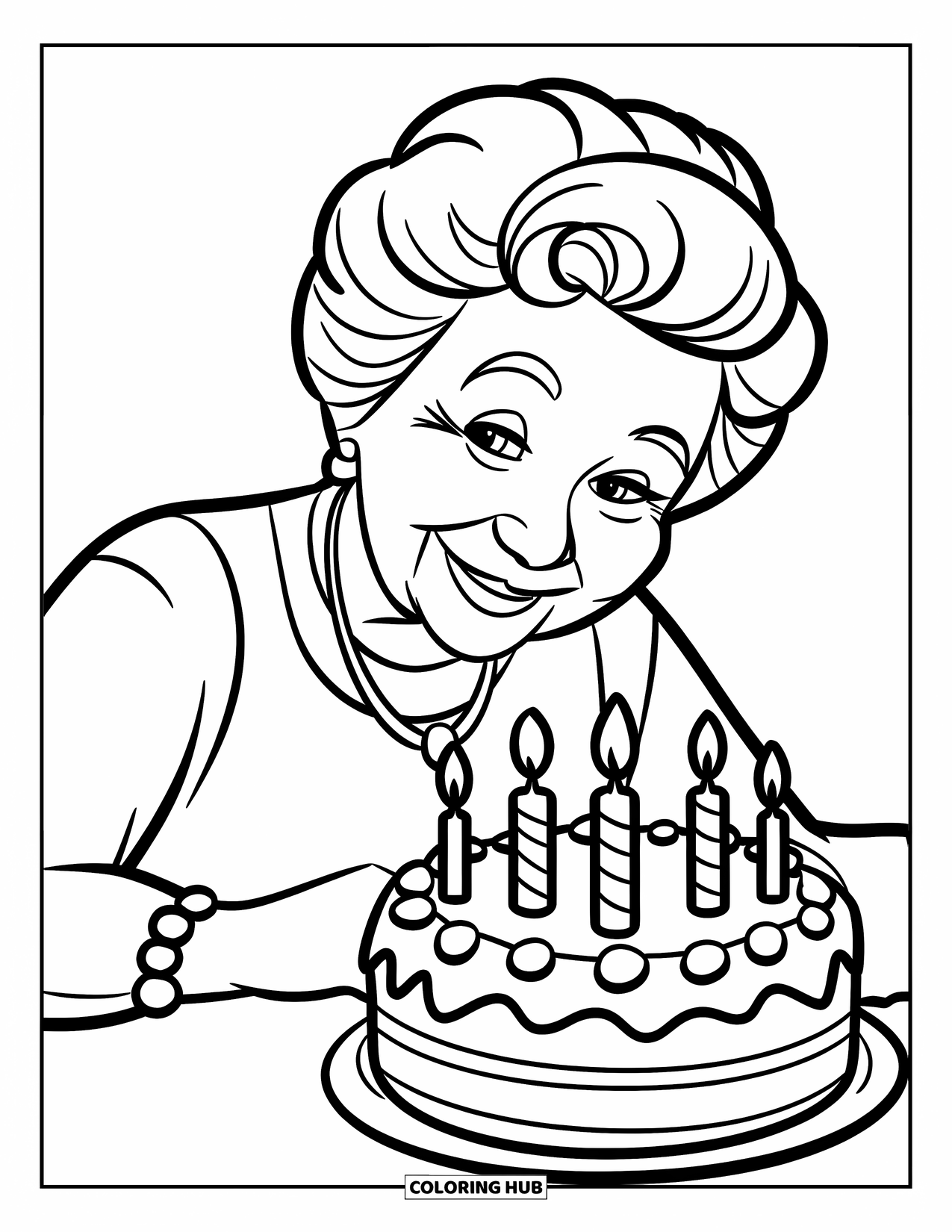 Happy Birthday Grandma Coloring Page for Kids: Grandma standing happily beside a cake with a single candle