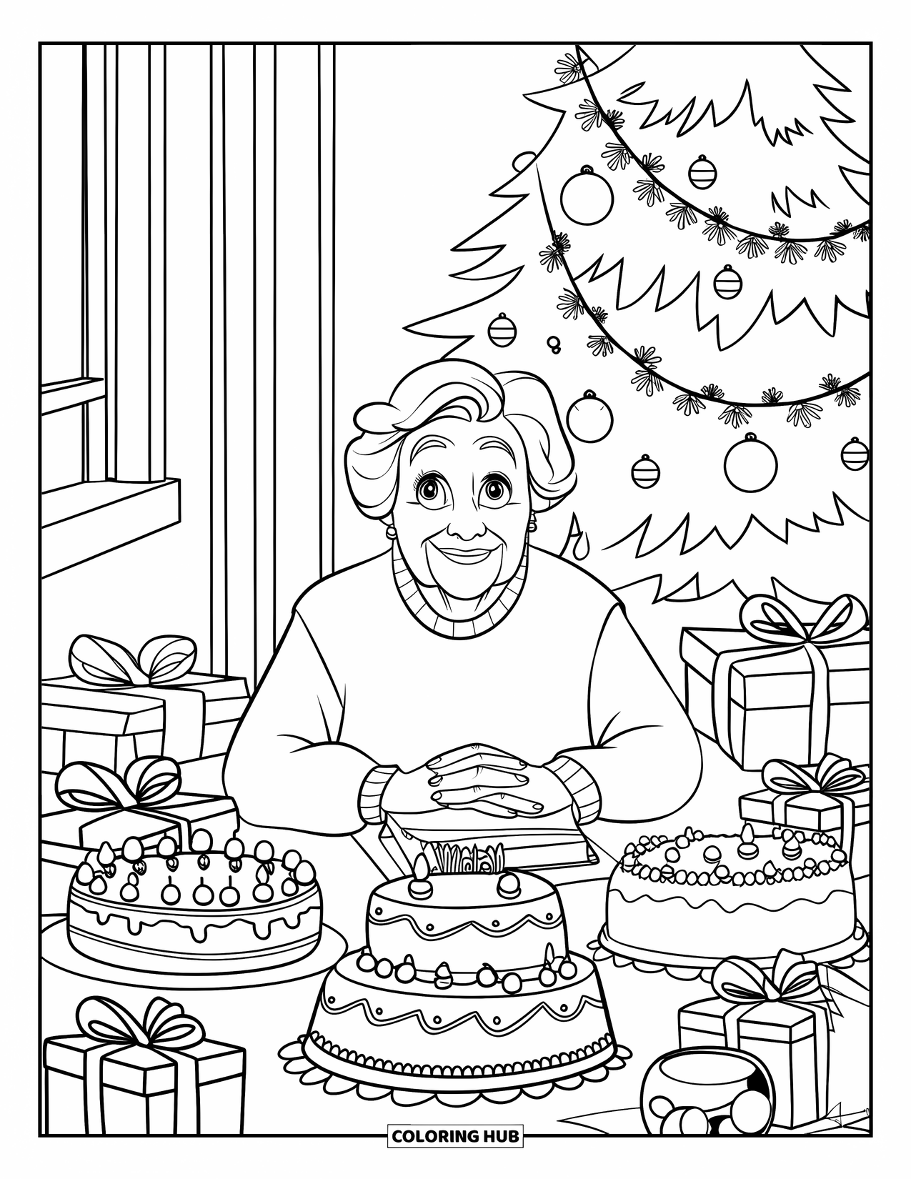 Happy Birthday Grandma Coloring Page for Kids: Grandma surrounded by cakes, presents, and a garland in a cheerful room
