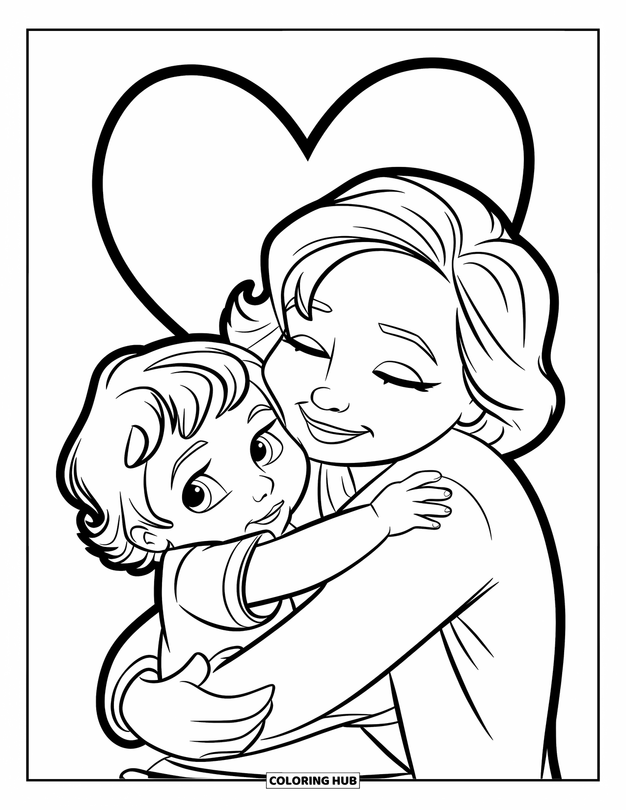 Happy Birthday Grandma Coloring Page for Kids: Grandma warmly hugging her grandchild beneath a large heart