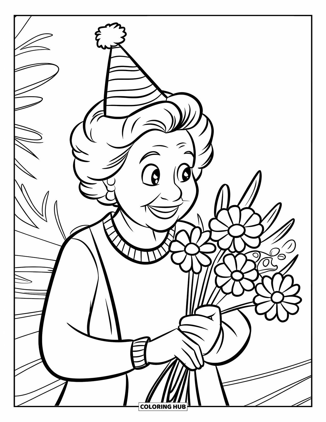 Happy Birthday Grandma Coloring Page for Kids: Grandma wearing a party hat and holding a bouquet with a big smile