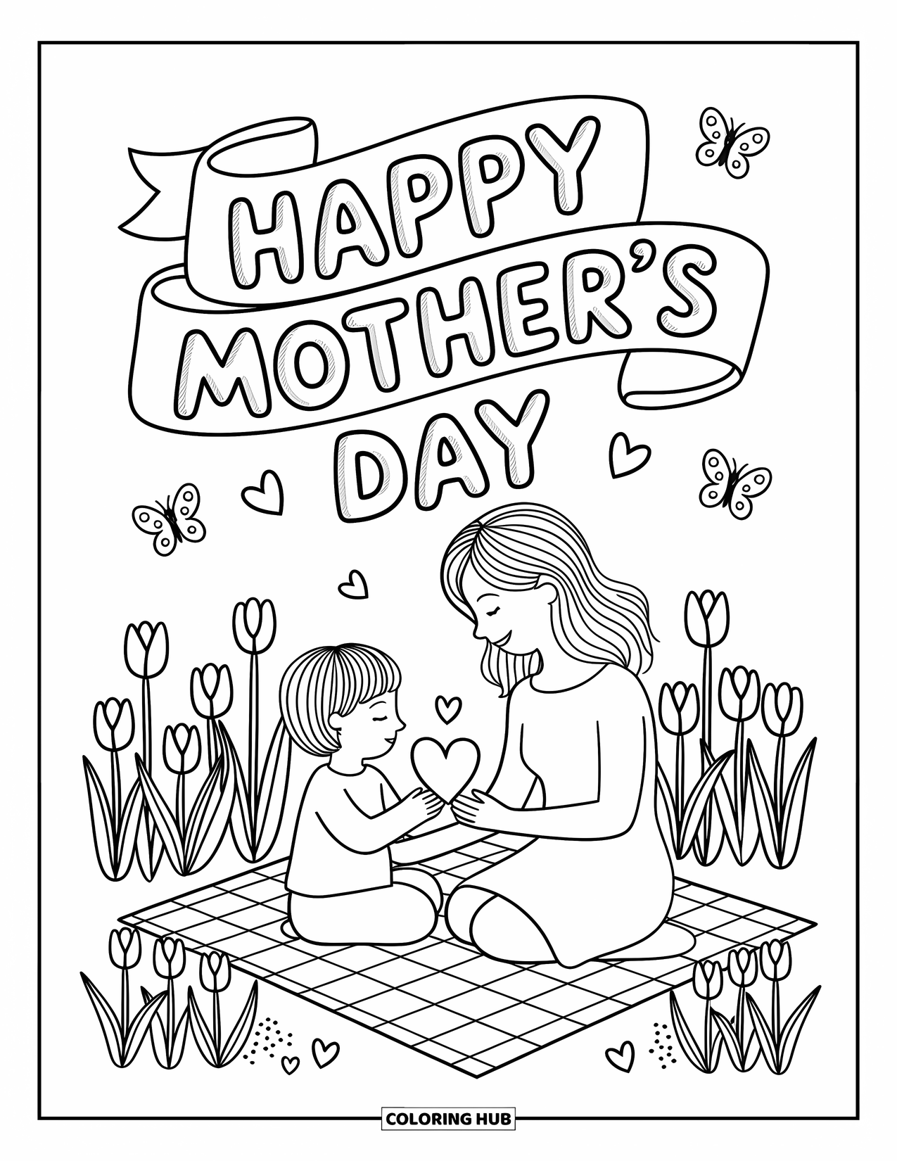 Happy Mothers Day Coloring Page for Adults: A heartwarming garden picnic with a handmade card and fluttering butterflies