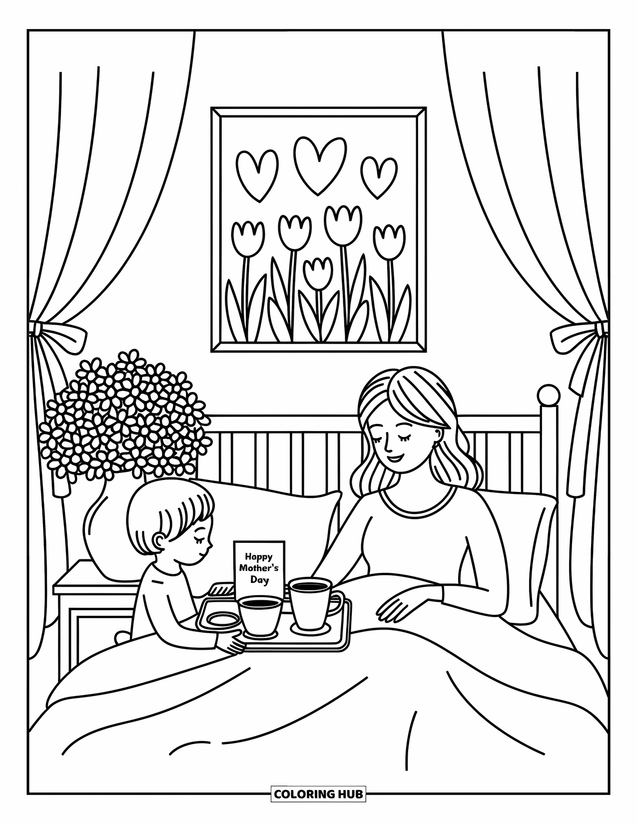 Happy Mothers Day Coloring Page for Adults: A mother smiles as her child serves breakfast with a loving card and flowers