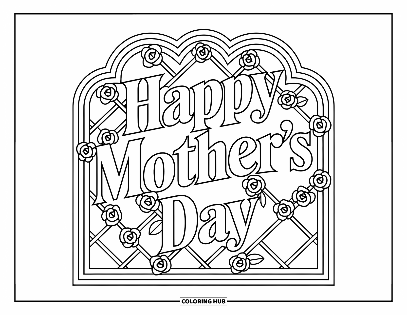 Happy Mothers Day Coloring Page for Adults: Classic "Happy Mother's Day" text wrapped in a rose trellis arch