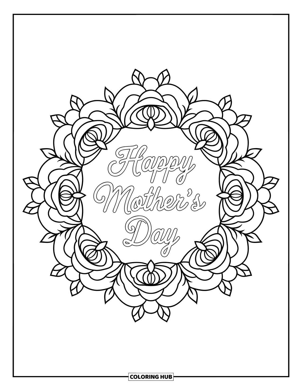 Happy Mothers Day Coloring Page for Adults: Elegant "Happy Mother's Day" framed by a symmetrical rose design