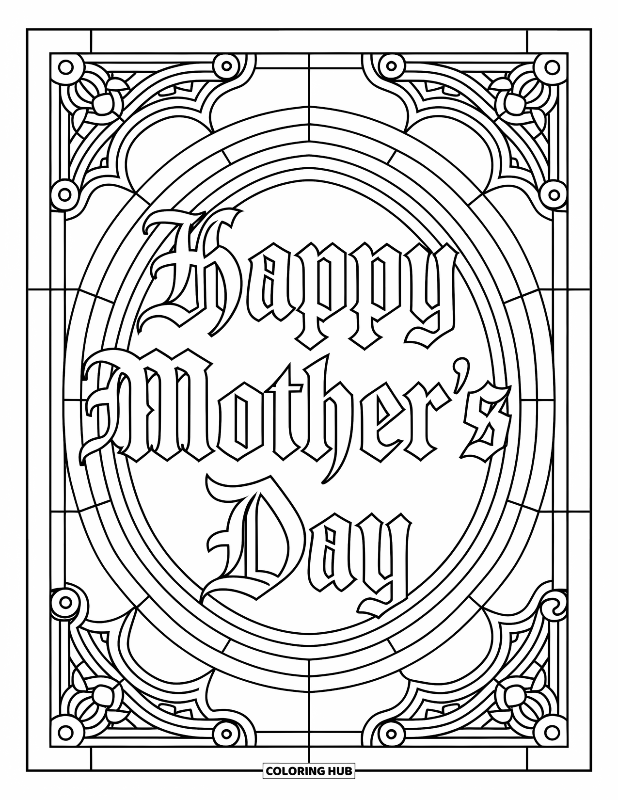 Happy Mothers Day Coloring Page for Adults: Gothic "Happy Mother's Day" framed by a stained-glass rose window