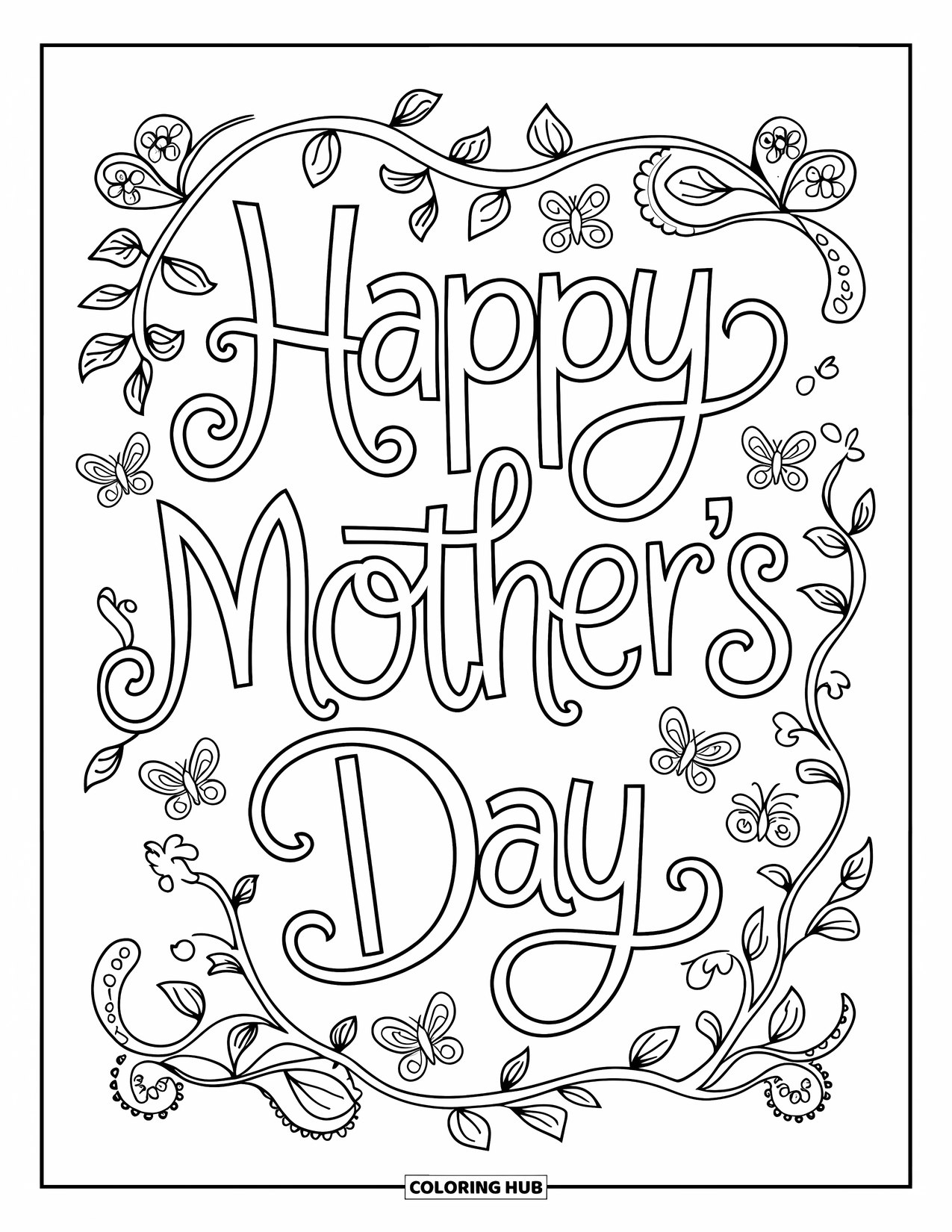 Happy Mothers Day Coloring Page for Adults: Hand-lettered "Happy Mother's Day" with butterflies and floral curls