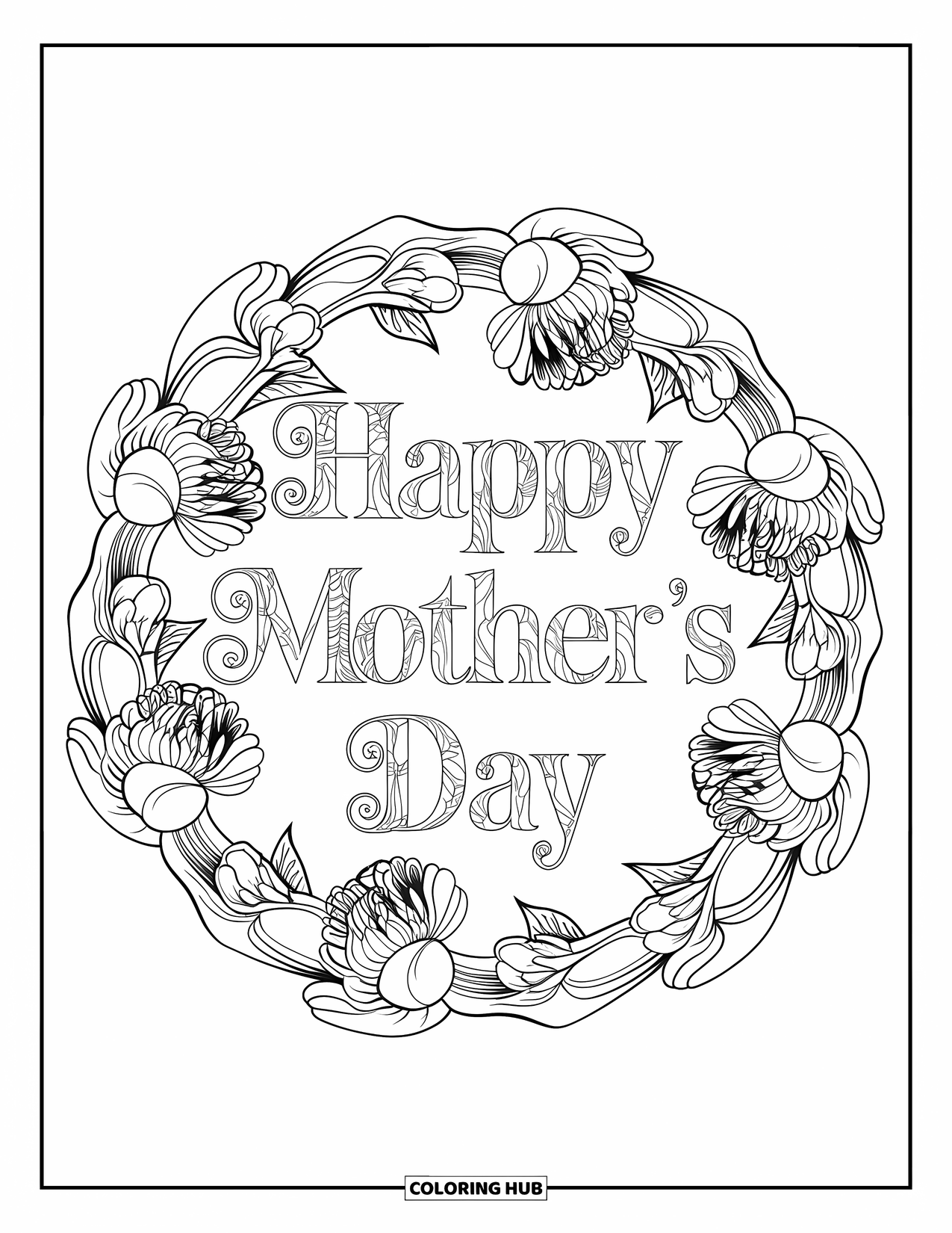Happy Mothers Day Coloring Page for Adults: "Happy Mother's Day" wrapped by a circular peony mandala