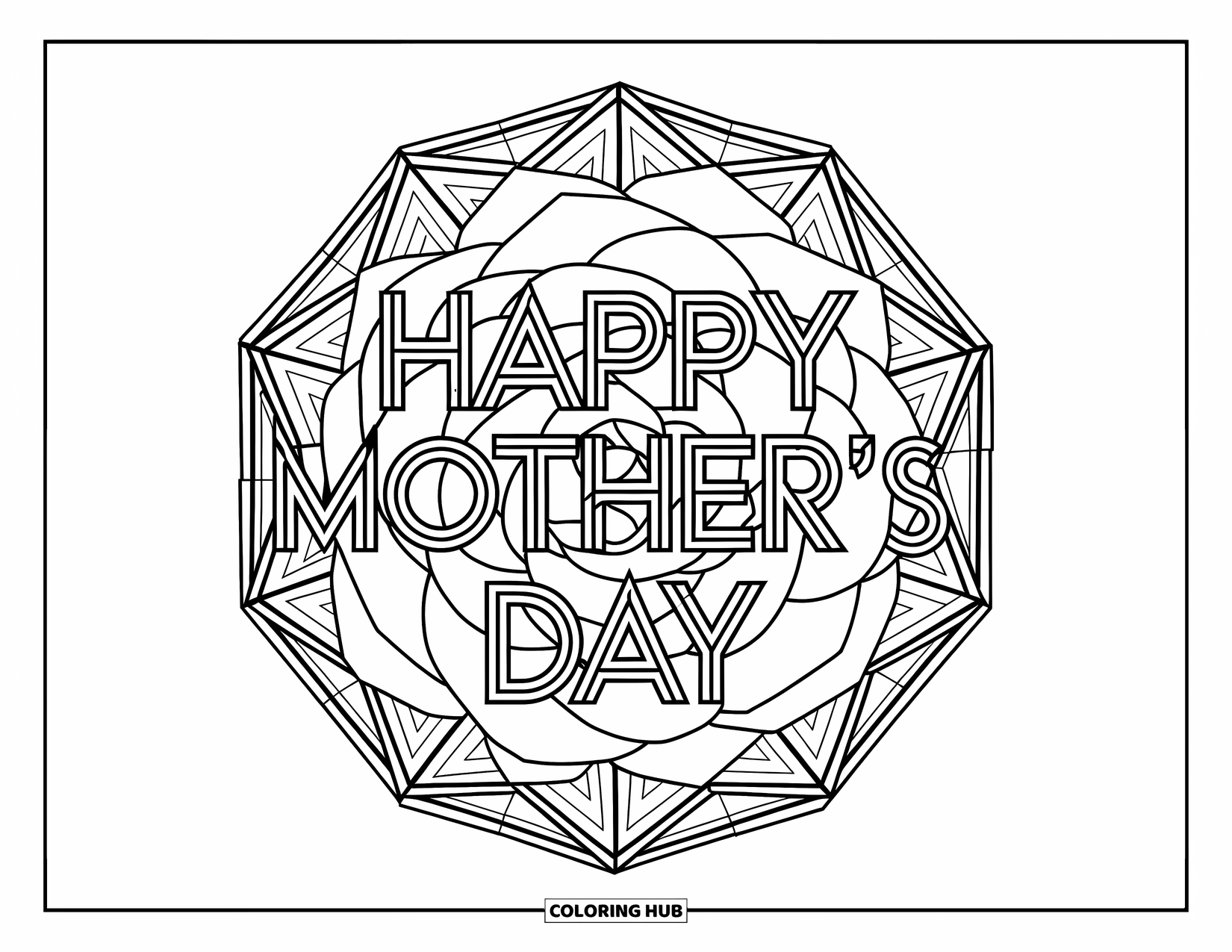 Happy Mothers Day Coloring Page for Adults: Modern "Happy Mother's Day" text atop a stained-glass rose pattern